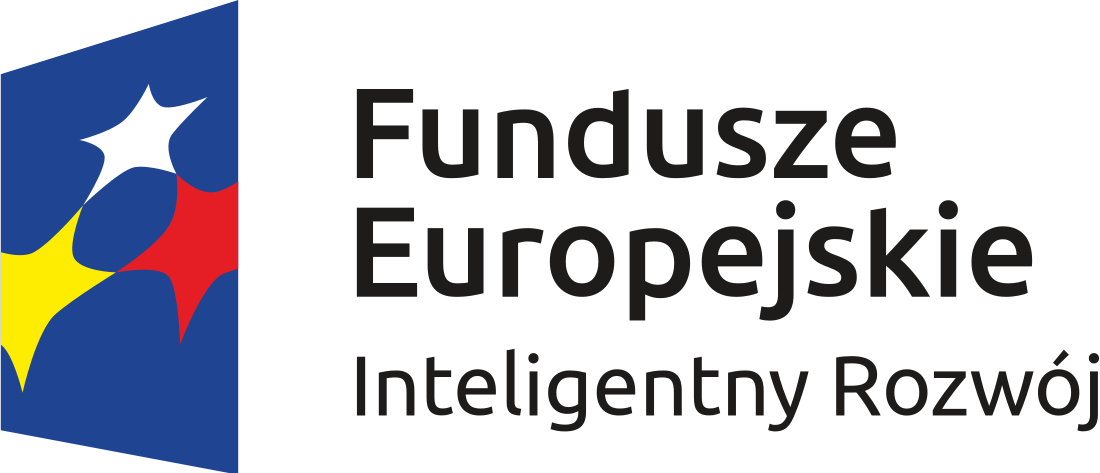 Na granatowym tle widoczne trzy gwiazdki żółta, biała i czerwona, obok napis Fundusze Europejskie Inteligentny Rozwój